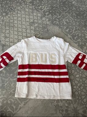 Burberry White Tee with Red Stripe Accents - Kids Long Sleeve